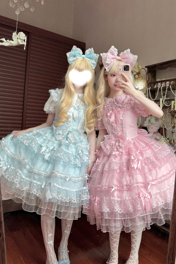 Pink [Lotus Butterfly Heart] Multi-Layered Ruffle Hanayome Bowknot Lace Sweet Lolita Jsk Dress
