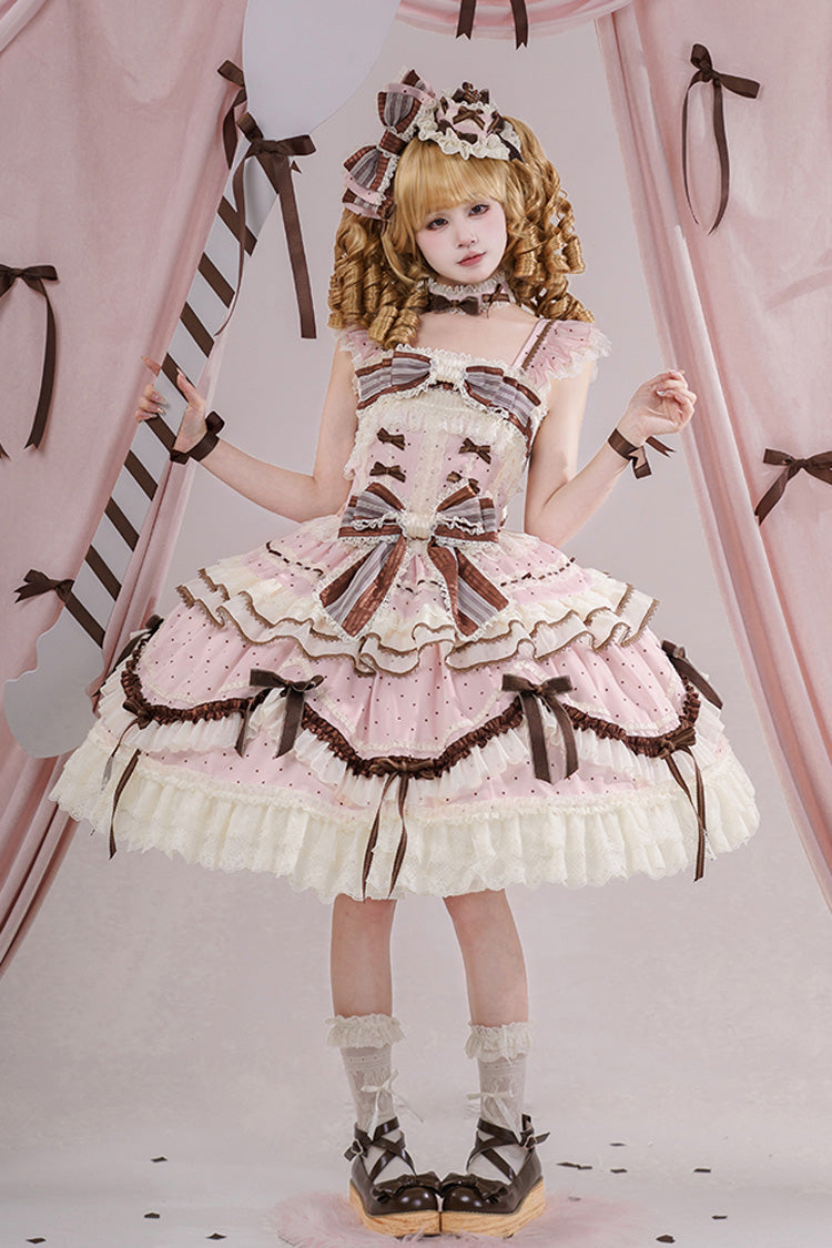 Pink [Shengqiao Tata] Sleeveless Print Ruffle Bowknot Lace-Up Sweet Elegant Lolita Jsk Dress