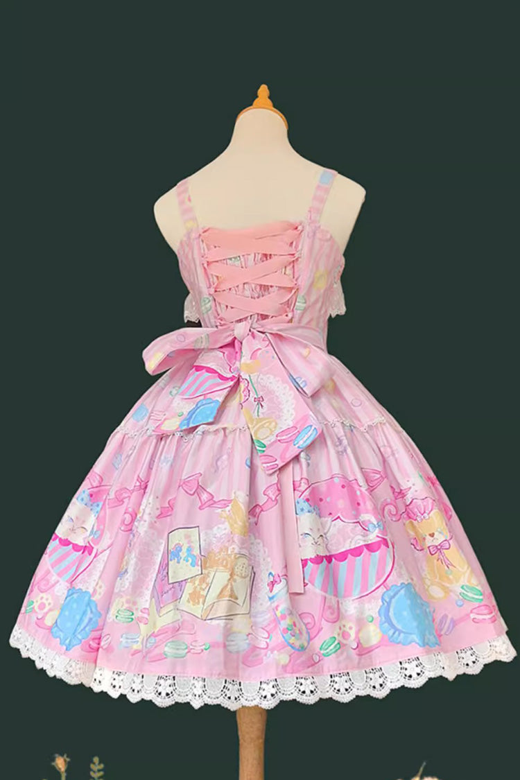 Robe Jsk Sweet Lolita sans manches imprimée avec nœud en rose [Maison de poupée Macaron] 