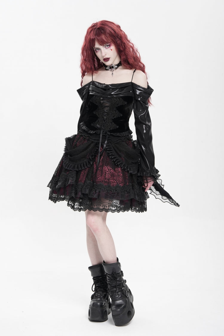 Black/Red Multi-Layered Ruffle Buckle Straps Women's Gothic Skirt
