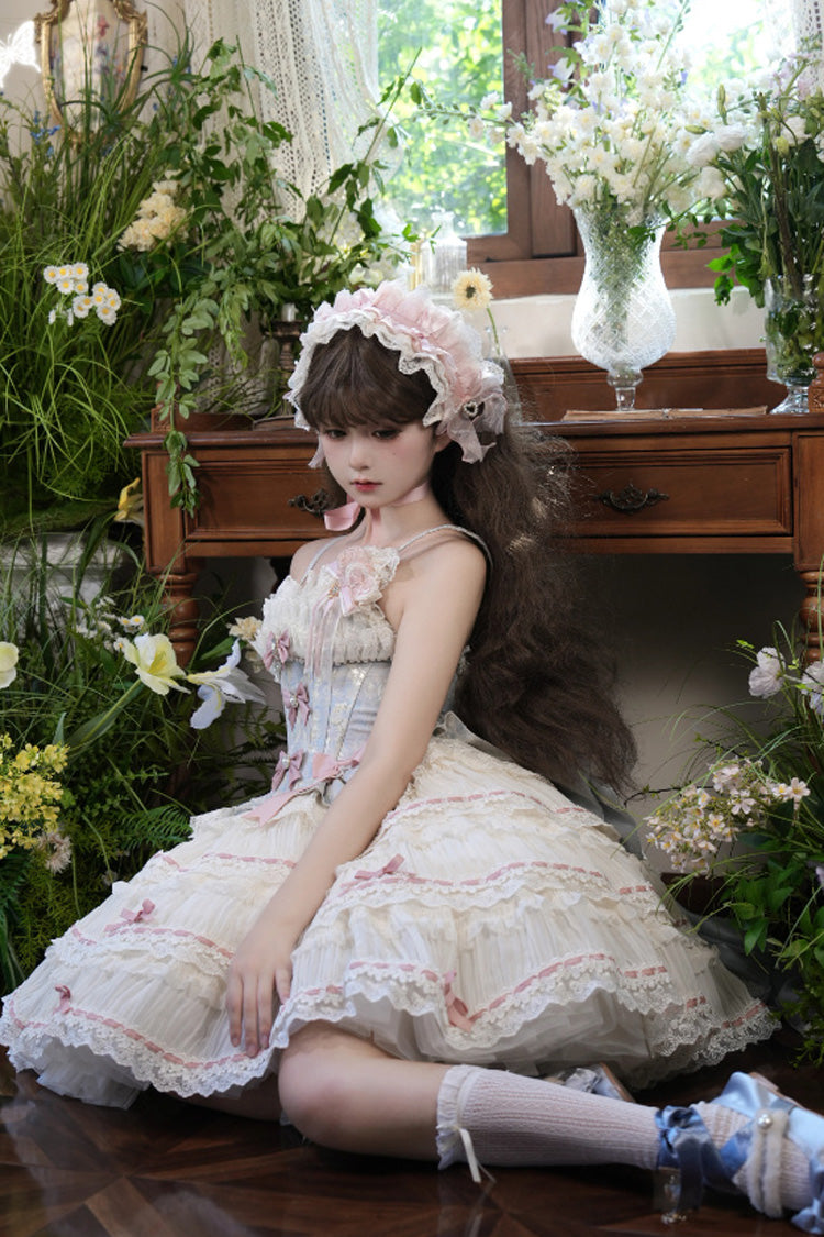 Blue/Apricot [Sea Salt Souffle] Sleeveless Multi-Layered Bowknot Lace Sweet Ballet Lolita Jsk Dress