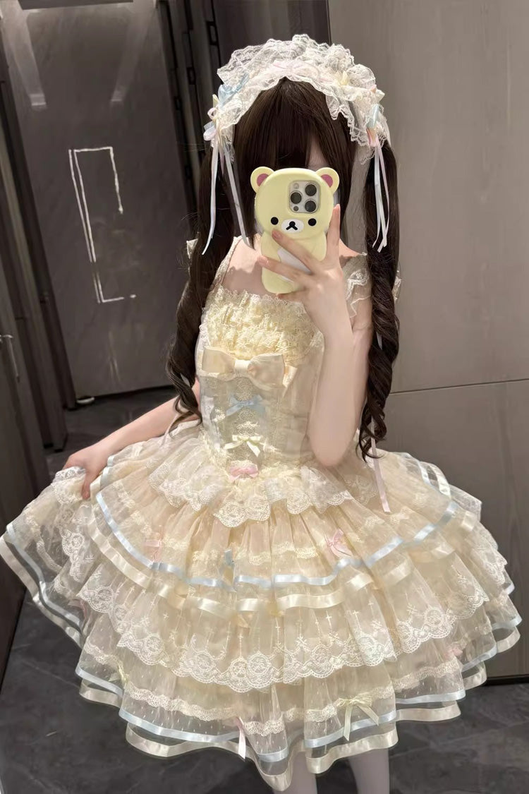 Apricot [Butterfly Heart Ballet] Triple-Layered Ruffle Bowknot Lace Sweet Ballet Lolita Jsk Dress