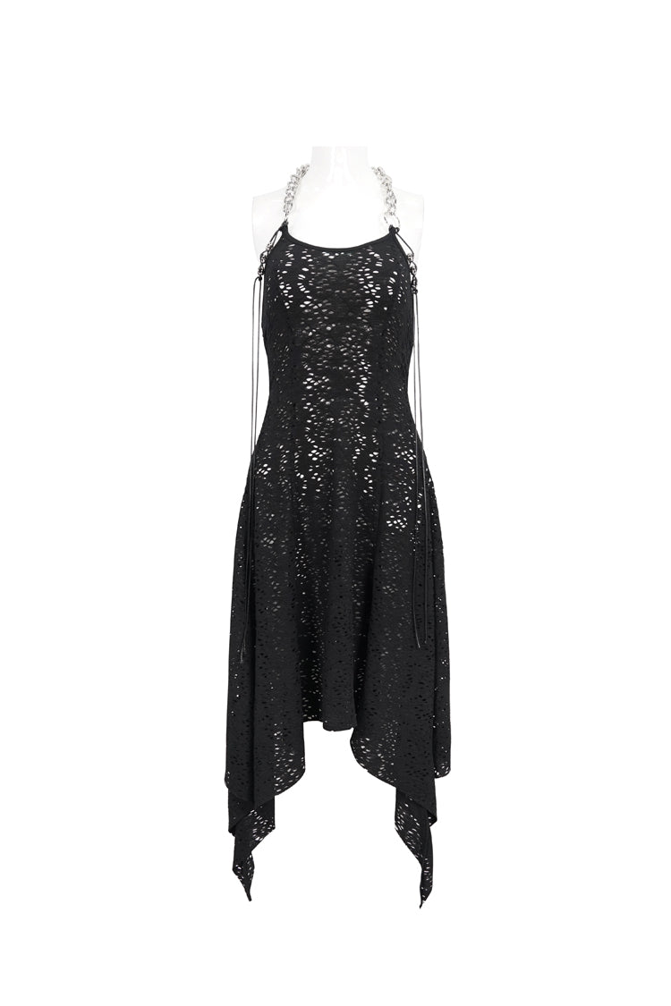Black Irregular Pattern Wool Metal Chain Halter Neck Backless Women's Punk Dress