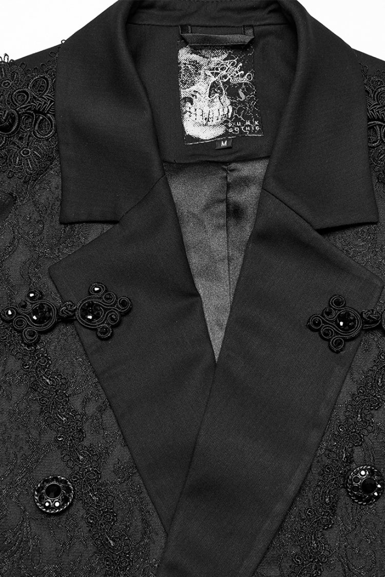 Black Lapel Collar Long Sleeves Frog Jacquard Embroidery Men's Gothic Coat