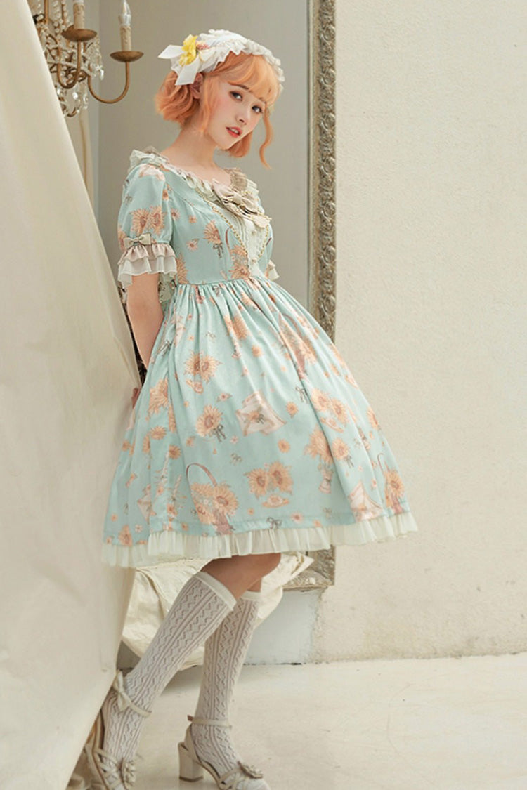 Green [Miss Sunflower] Short Sleeves Printed Ruffled Bow Sweet Lolita Dress