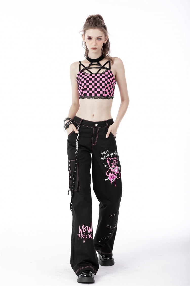 Schwarze, mit einer Dangerous Bear-Kette verzierte Damen-Schlaghose im Grunge-Stil