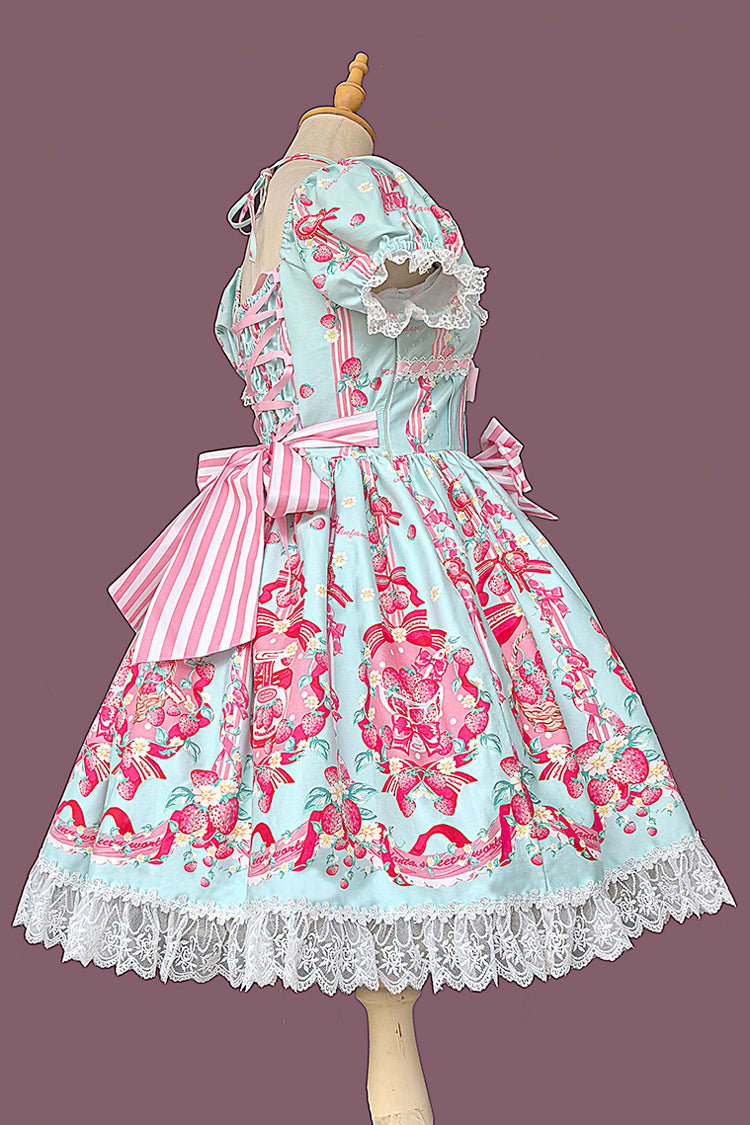 [Strawberry Chef] Short Sleeves Print Bowknot Lace Sweet Lolita Dress 4 Colors