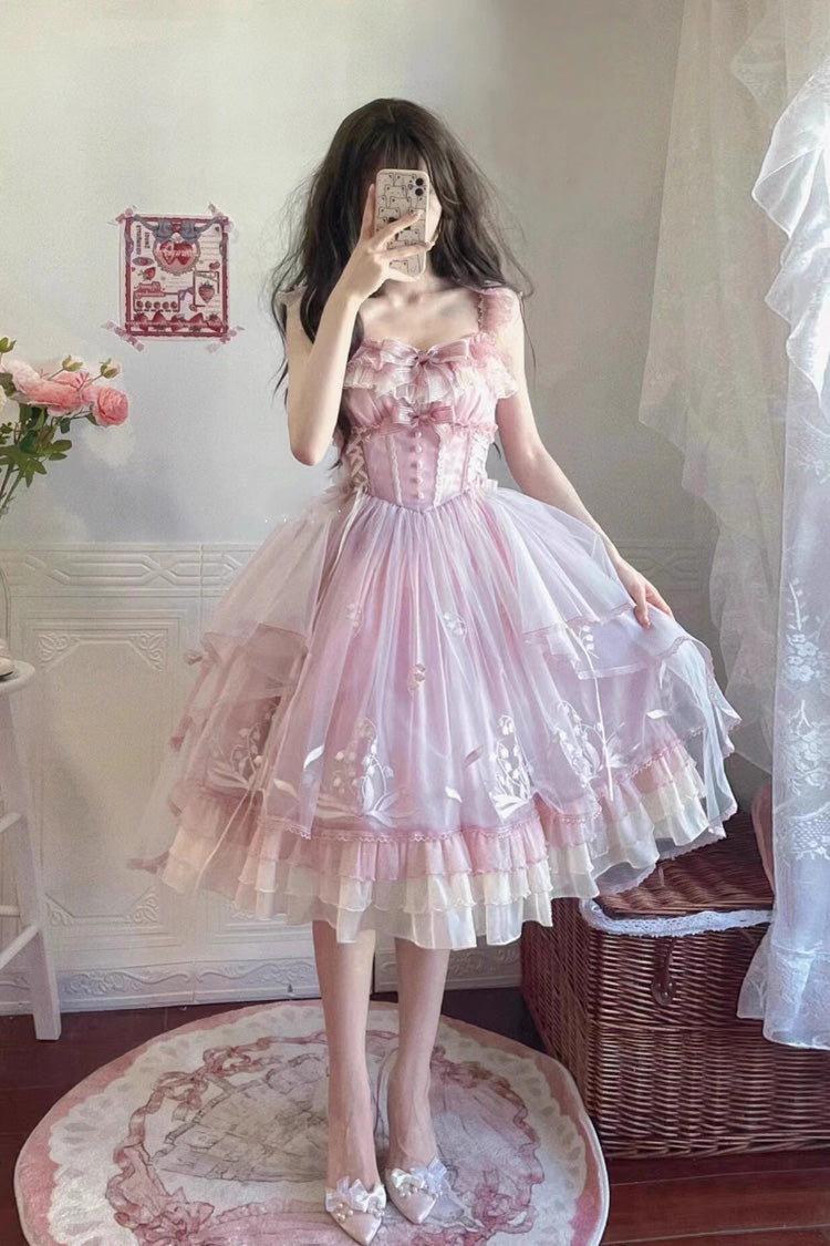Pink Multi-layer Ruffle Embroidery Bowknot Sweet Princess Lolita Jsk Dress
