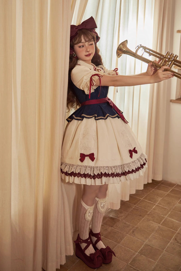 Multi-Color Snow White Lapel Collar Ruffle Short Sleeves Sweet Lolita Dress