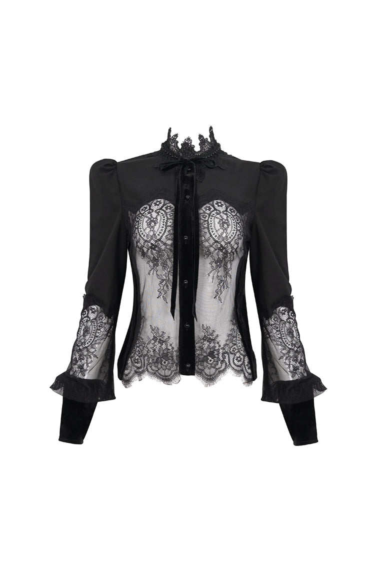 Schwarzes langärmliges Gothic-Hemd für Damen mit hohem Kragen, durchscheinender Spitze und Patchwork-Schleifendekoration