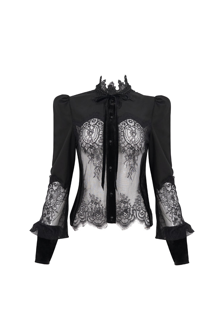 Black High Collar Translucent Lace Patchwork Bow Decoration Long Sleeve Women's Gothic Shirt