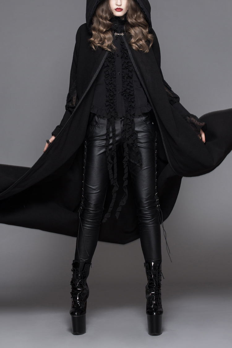 Black Detachable Feather 3D Ribbons Decorated Woollen Hooded Women's Gothic Cape