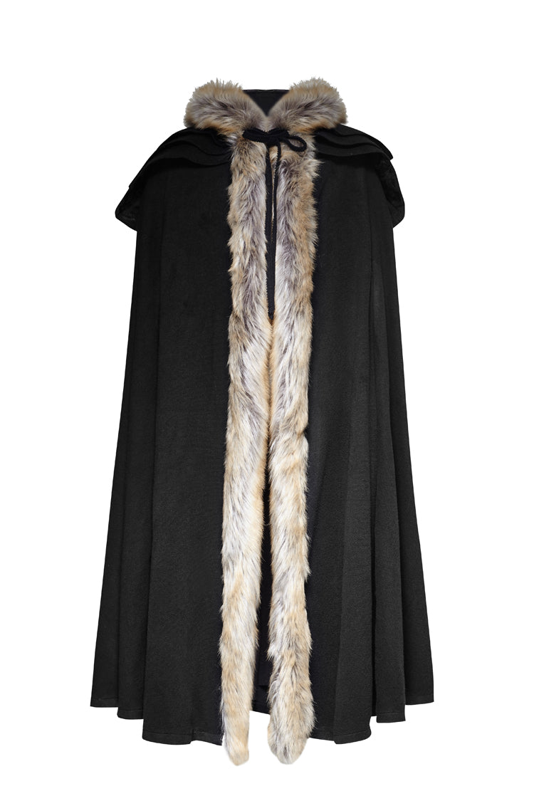 ブラック フード付き毛皮の襟ウール ロング メンズ ゴシック コート マント