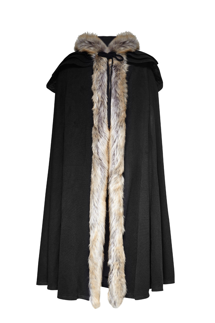 Black Hooded Fur Collar Wool Long Mens Gothic Coat Cloak