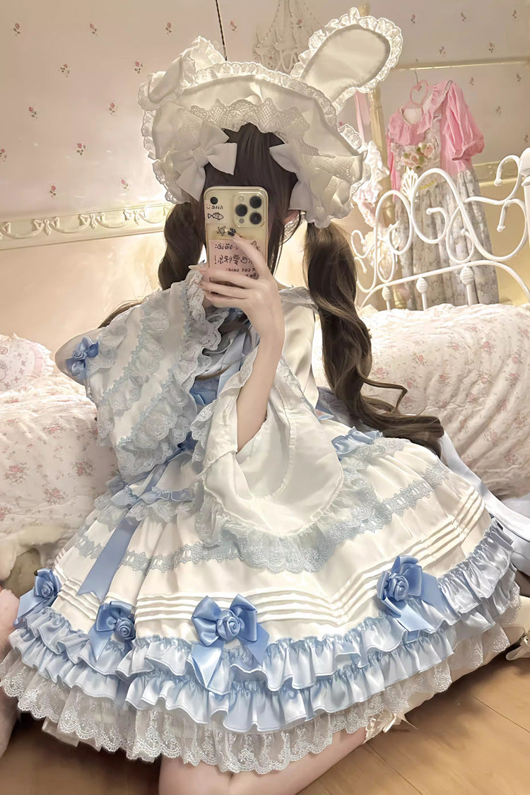 Robe Sweet Lolita à manches courtes avec nœud en dentelle et volants, couleur blanc/bleu [glace au sel de mer en couches] 