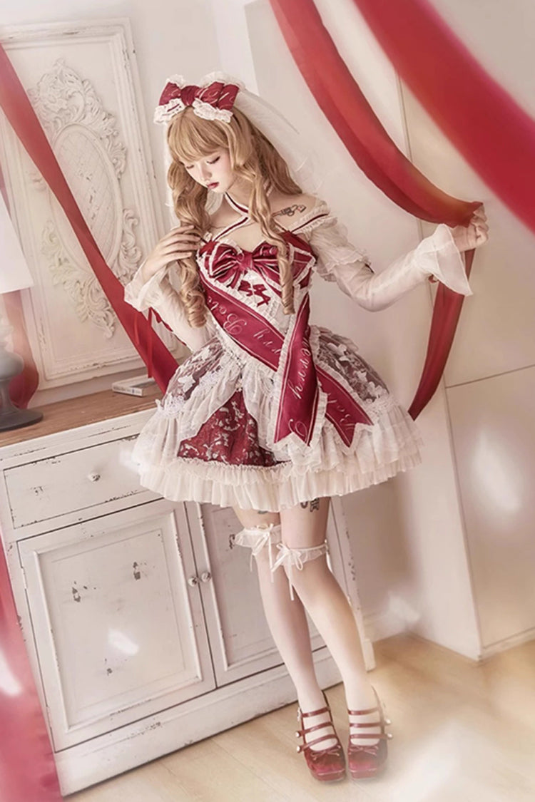 レッド [Lilibet] プリント フリル カーディガン 蝶結び レース フィッシュボーン スイート ロリータ ドレス