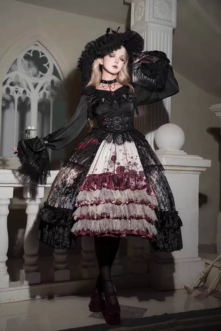 [Heretical Nun] Sleeveless Multi-Layered Printed Ruffled Open-Front Gothic Plus Size Lolita Strap Dress Short Version 2 Colors