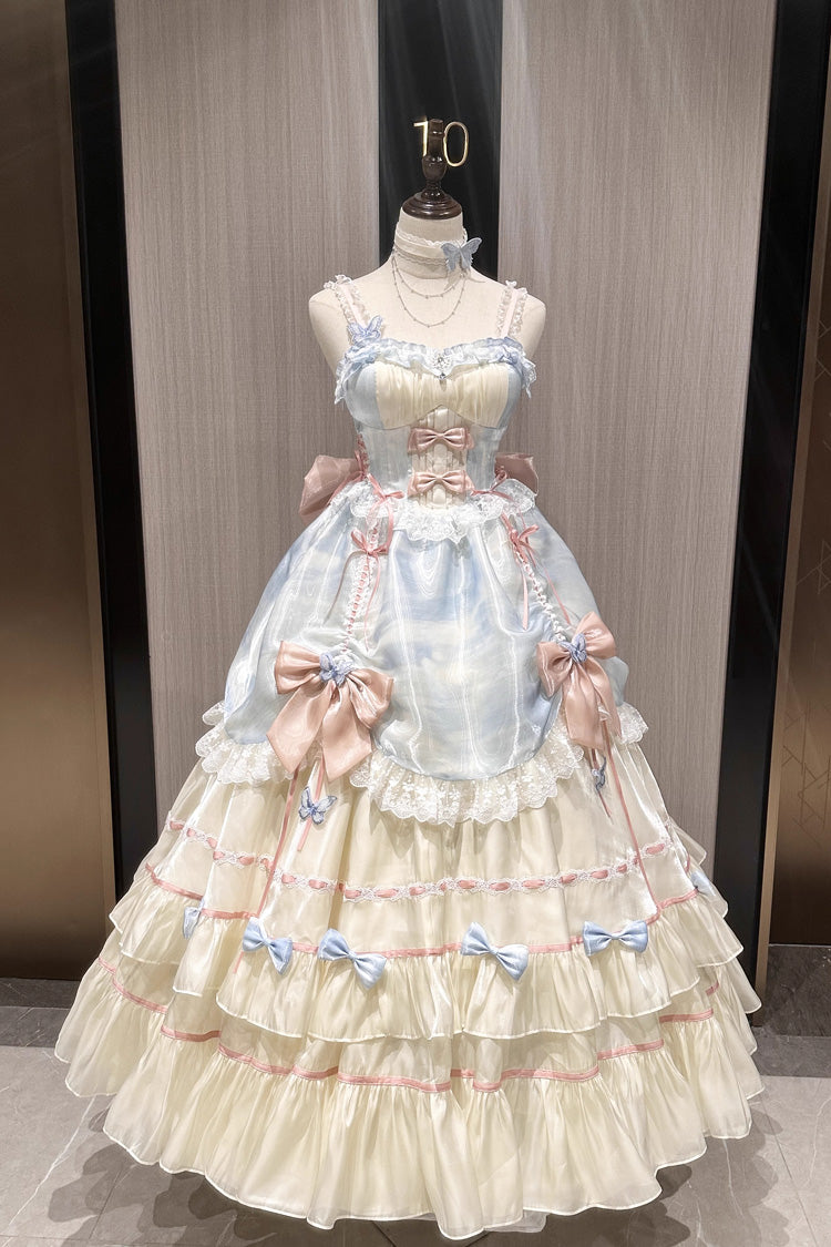 Aprikose/Blau/Rosa Mehrlagiges Hanayome Rüschen Schleife Süßes Prinzessin Wunderschönes Langes Lolita Jsk Kleid
