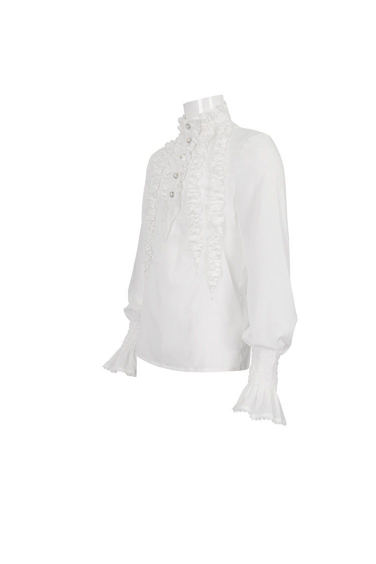 White Irregular Stand Collar Puff Sleeved Ruffled Men's Gothic Shirt