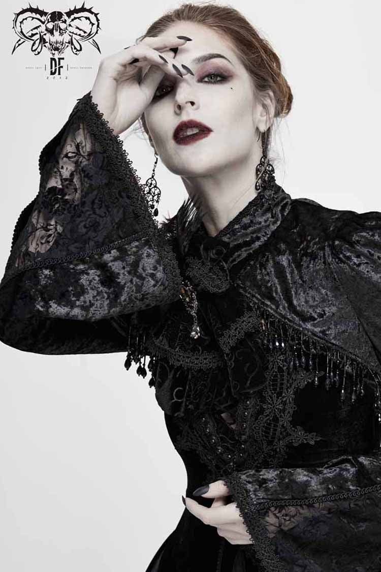 Schwarzer Spitzensamt-Blasen-Trompetenärmel-Gothic-Schal für Damen
