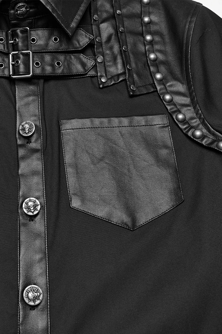 Schwarze Reverskragen Langarm Kunstleder Naht Schnalle Herren Punk Bluse 