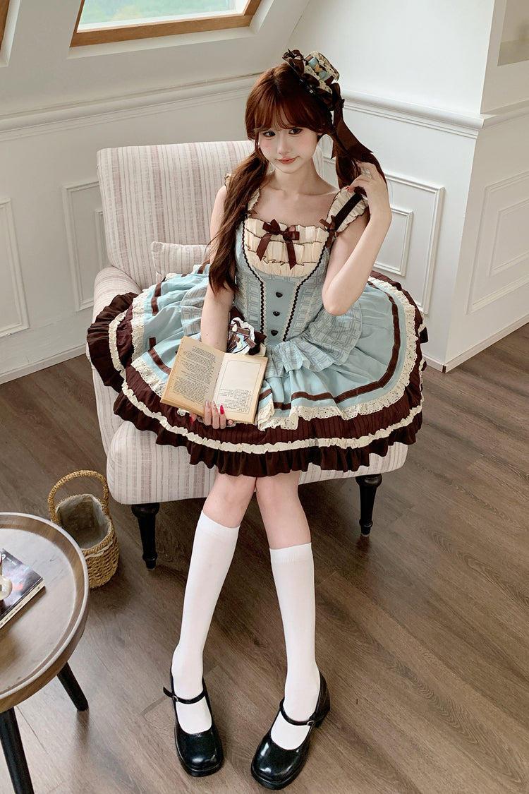 Green/Brown [Mint Chocolate] Sleeveless Triple-Layered Ruffle Bowknot Sweet Lolita Jsk Dress