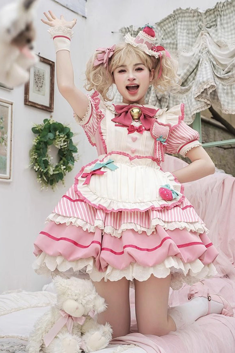 Pink [Berry Bubbles] Stripe Print Ruffle Bowknot Lace Sweet Lolita Dress