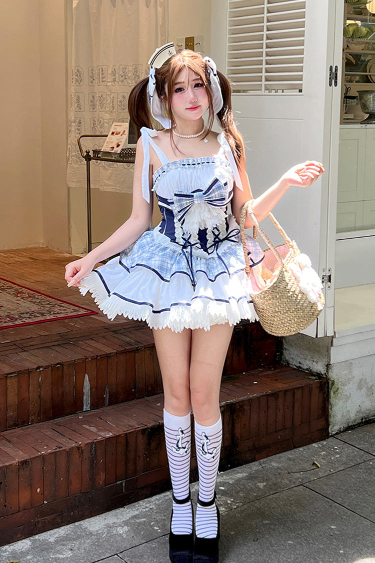 Blue/White [Sailing Love] Navy Collar Sleeveless Plaid Print Ruffle Bowknot Sweet Lolita Dress