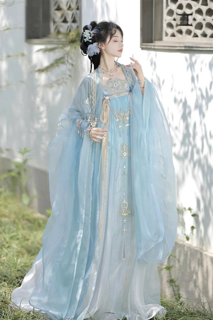 Blue Long Sleeves Embroidery Pearl Chain Sweet Tang-style Hanfu Hezi Dress Set