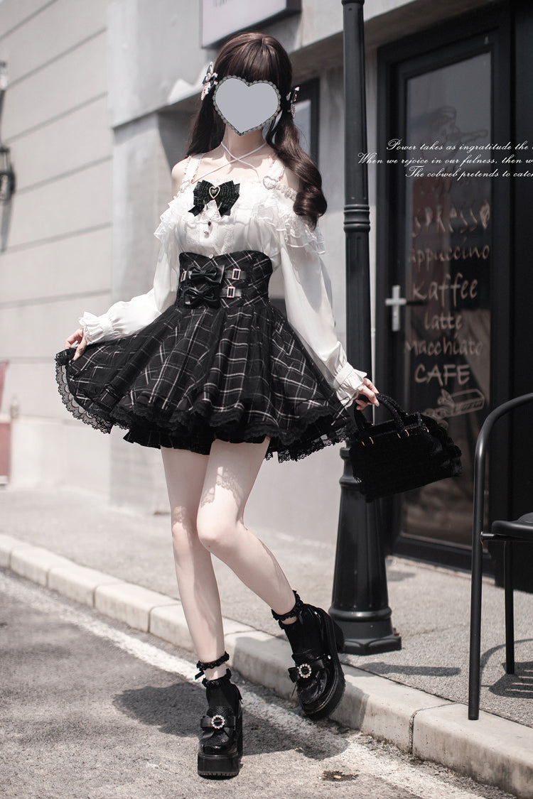 Black Plaid Print Bowknot Sweet Jirai Kei Japanese Skirt