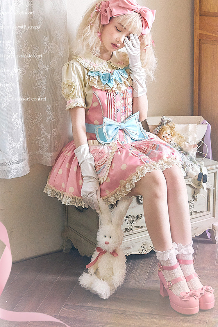 Pink Cake Chocolate Dessert Print Ruffle Bowknot Sweet Lolita Strap Dress