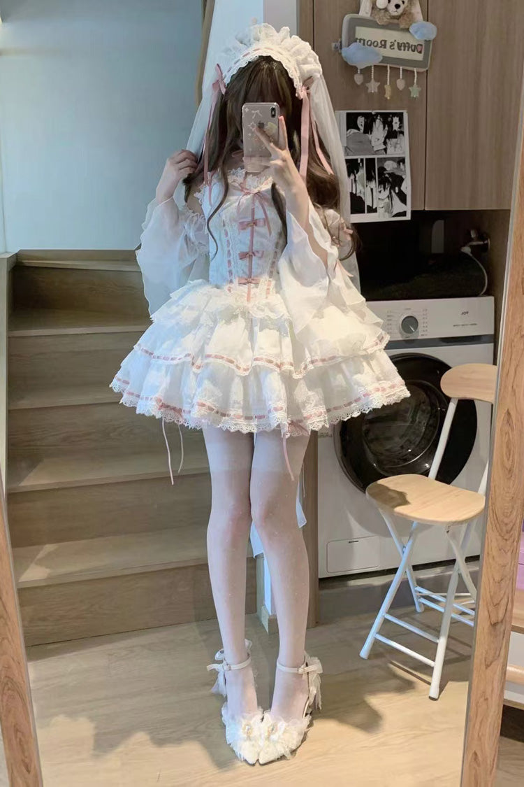 White [Little Love Song] Detachable Trumpet Sleeves Ruffle Bowknot Lace Sweet Lolita Top Skirt Set