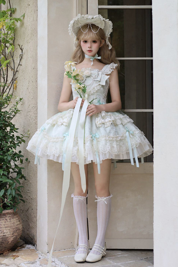 Green [Blossoming Heart Love ] Sleeveless Dark Jacquard Print Bowknot Lace Sweet Lolita Jsk Dress