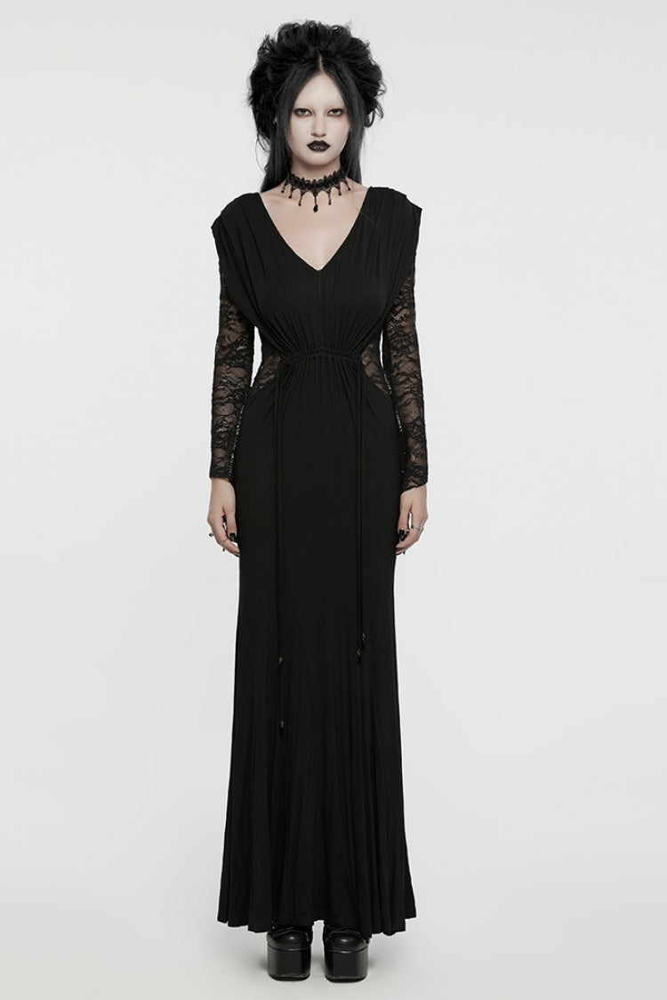 Black V Collar Long Sleeves Stitching Lace Women's Gothic Drawstring Honeymoon Dress