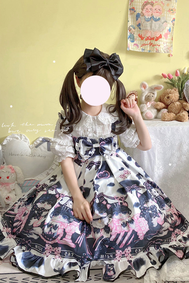 Multi-Color Cow Cat Print Ruffle Bowknot Sweet Lolita Jsk Dress