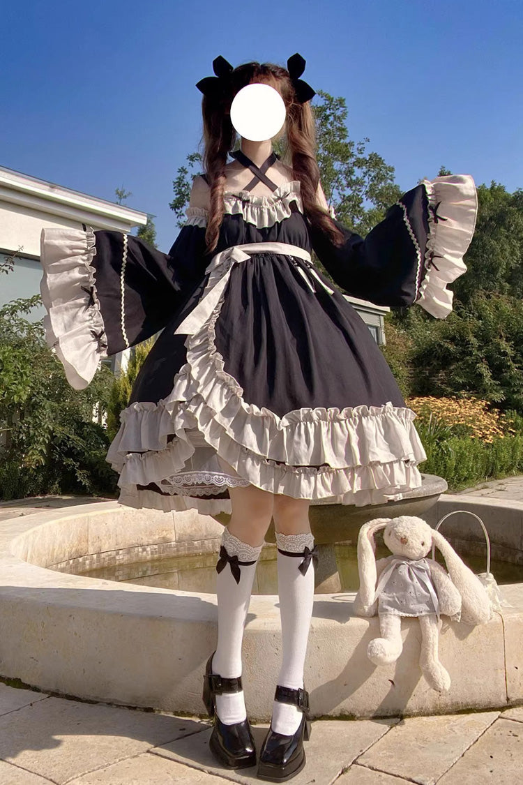 Black [Monet Estate] Sleeveless High Waisted Ruffle Bowknot Asymmetric Gothic Lolita Jsk Dress