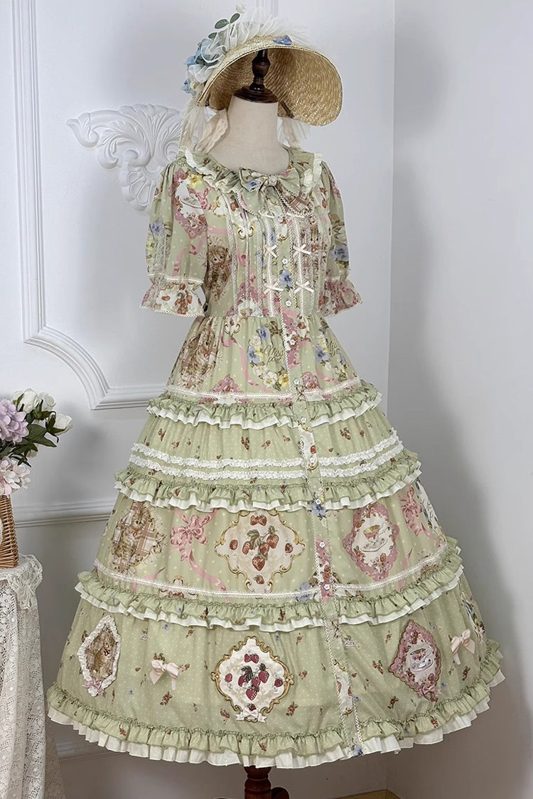 Robe Lolita douce et magnifique à manches courtes avec imprimé à volants et nœud papillon [Thé de Rose Chat Vert] 