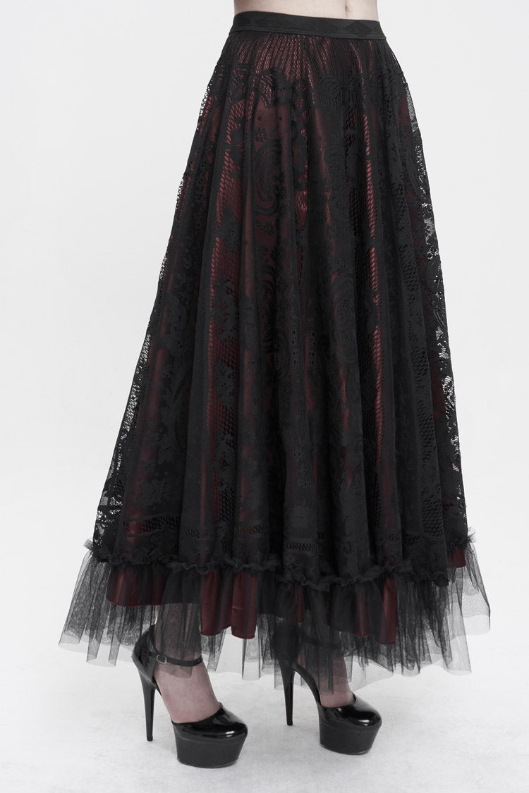 Black/Red Lace Flower Mesh Hem Paneled Ruffles Lace Big Swing Women's Gothic Skirt