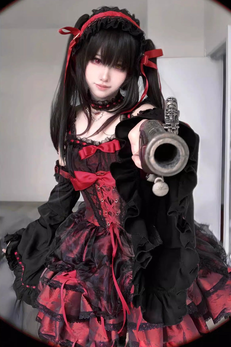 Black/Red Sleeveless Multi-layer Ruffle Bowknot Lace-Up Gothic Princess Lolita Jsk Dress