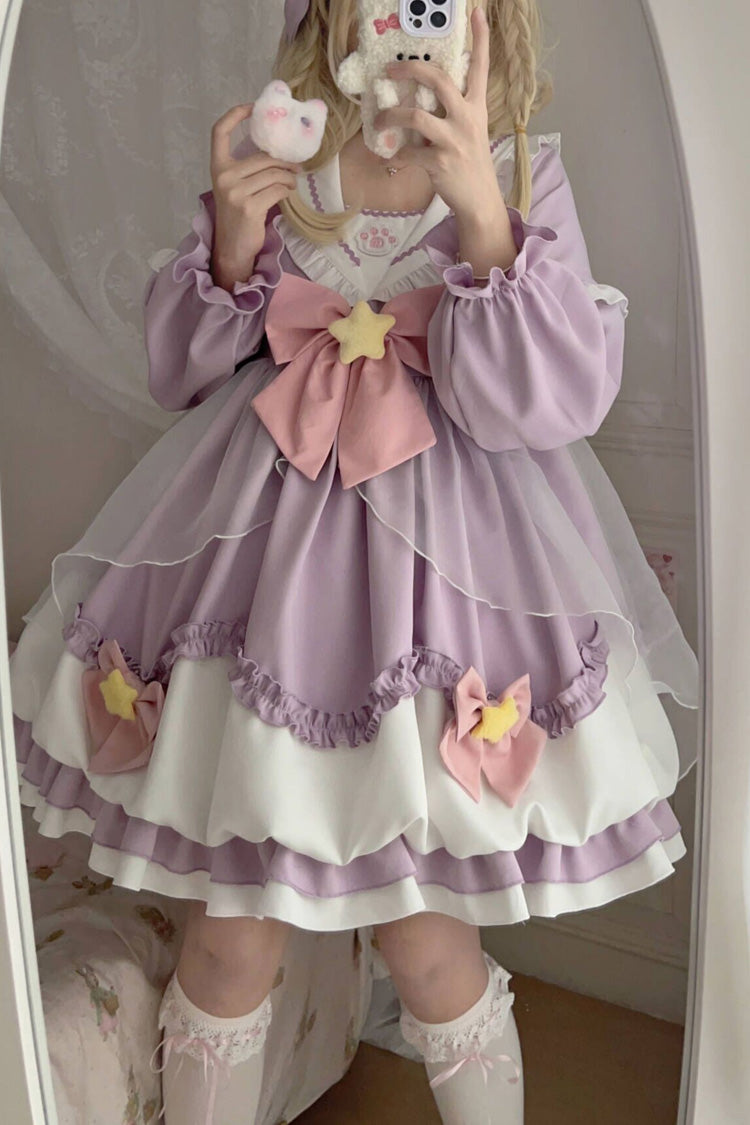 [Pray Star] Long Sleeves Double-Layered Ruffle Bowknot Stitching Lace Sweet Lolita Dress 5 Colors