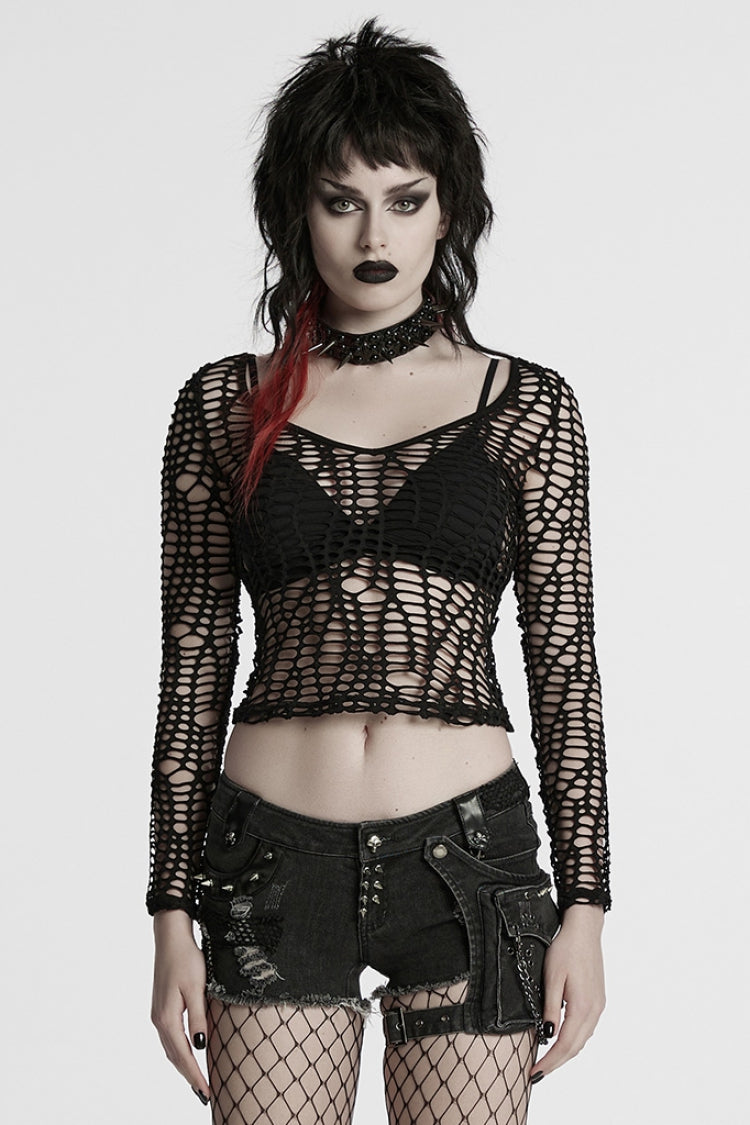 Black Long Sleeves Sheer Mesh Ripped Women's Punk T-Shirt
