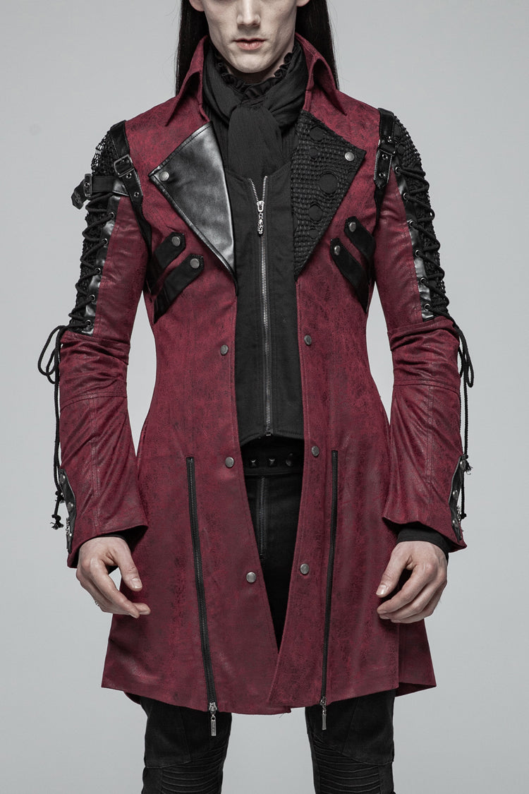 Red Metal Buckle Decoration Zipper Mens Steampunk Windbreaker Coat