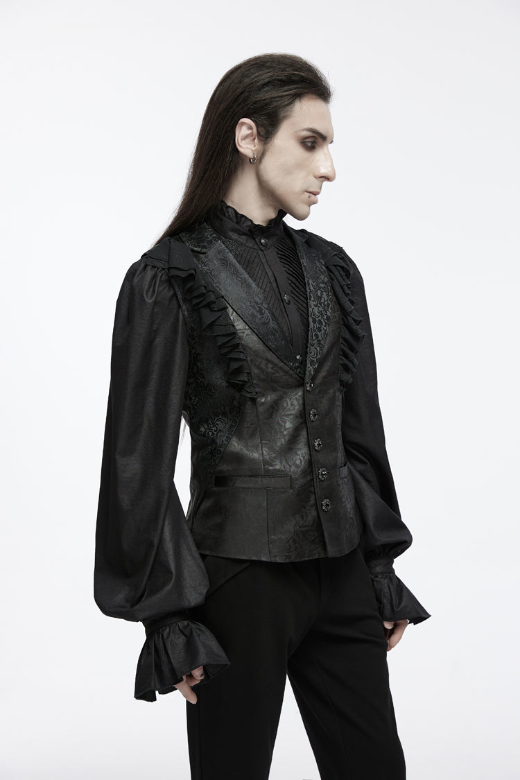 Black Sleeveless Buckle-up Ruffle Men's Gothic Vest