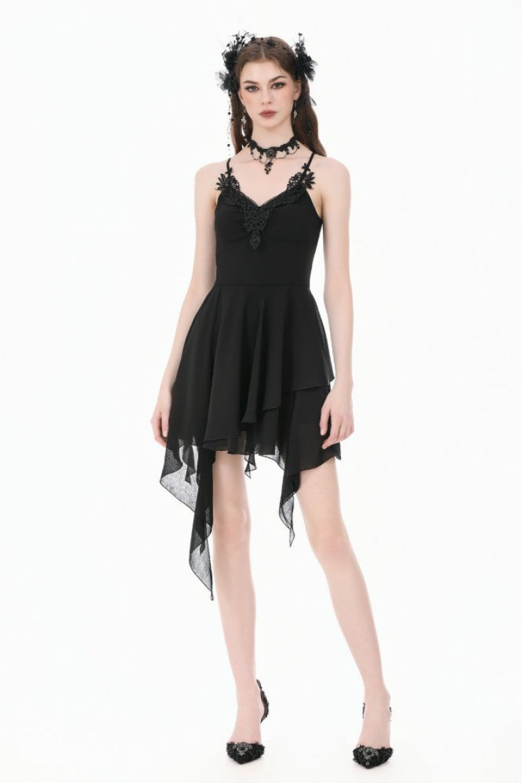 Schwarzes, mit V-Kragen und Spitze besticktes, asymmetrisches Gothic-Slip-Kleid für Damen