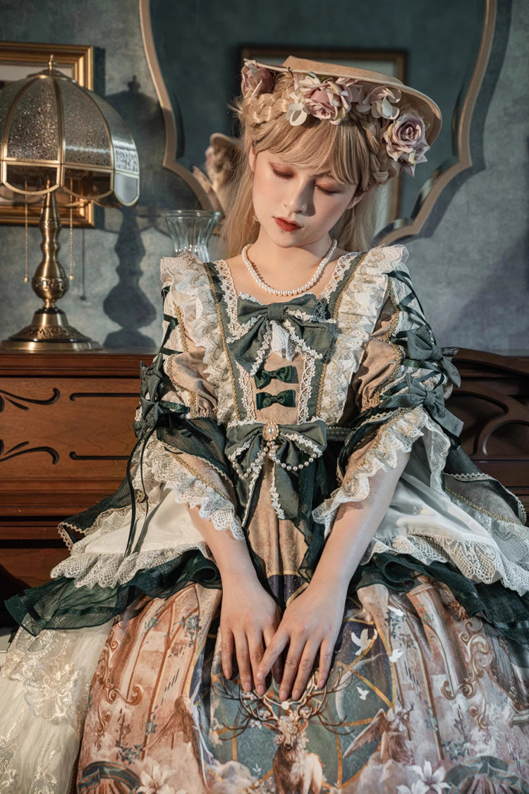 Green Gorgeous Short Sleeves Ruffle Bowknot Print Classic Lolita Dress