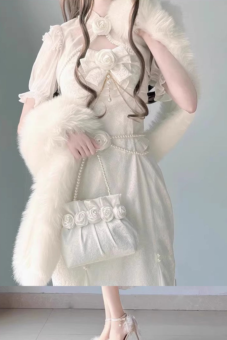 White [Camellia 1.0] Sleeveless Jacquard Ruffle Lace Sweet Chinese Style Lolita Jsk Fishtail Dress