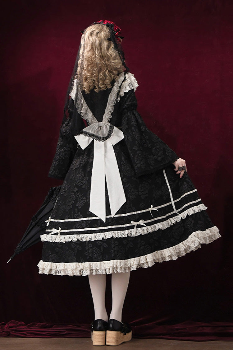 Black [Rose Choir] Double-Layered Ruffle Embroidery Bowknot Lace Gothic Elegant Nun Lolita Dress