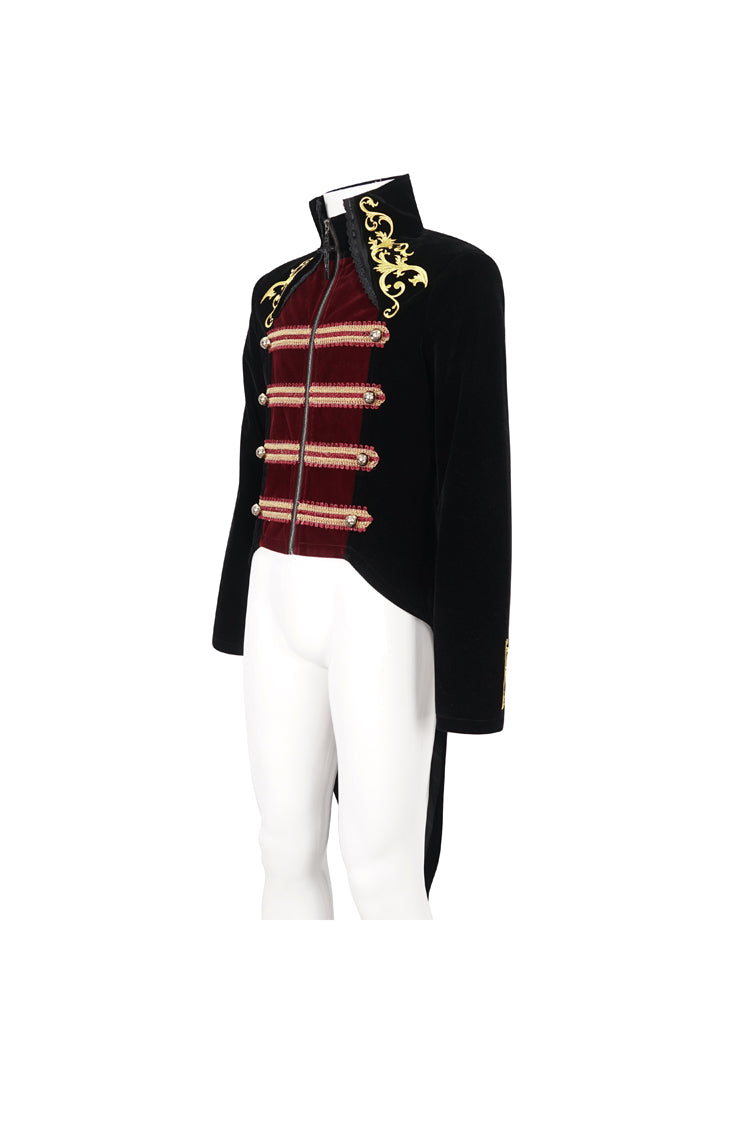 Black/Red Retro Totem Embroidered Swallow Tailed Men's Gothic Coat