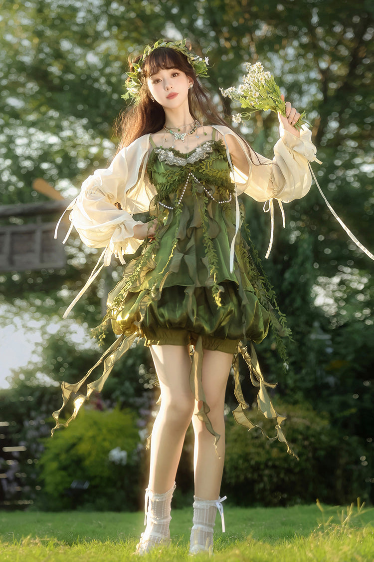 Green [Children of the Forest] Leaf Decoration Ruffle Irregular Sweet Lolita Jsk Dress Set
