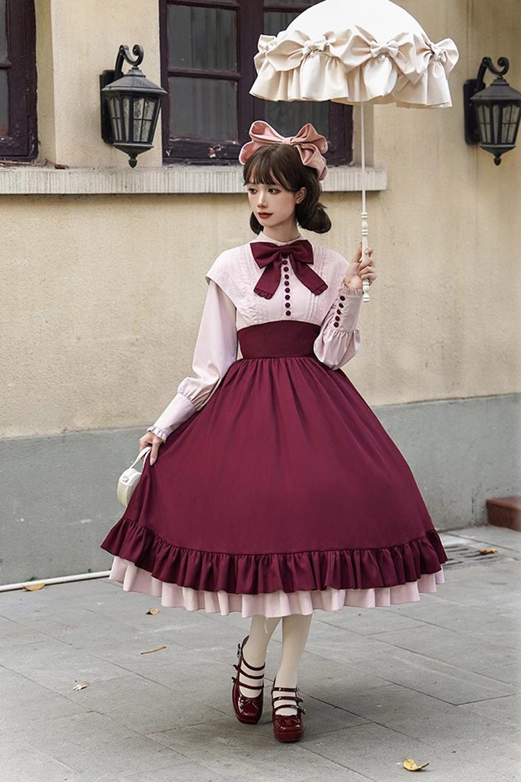 Rose Embroidery Long Sleeves Ruffle Bowknot Fake Two Pieces Elegant Lolita Dress 2 Colors